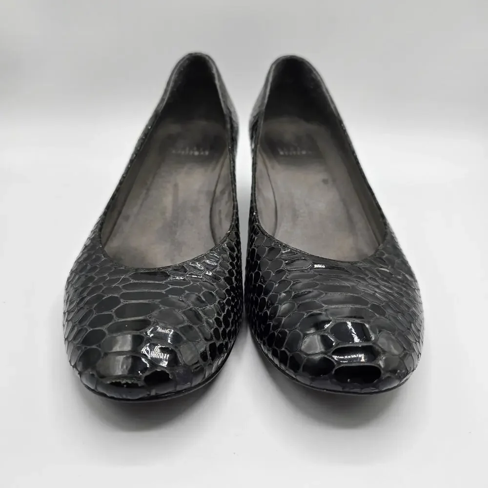 Stuart Weitzman black patent snake print low heel close toe wedges